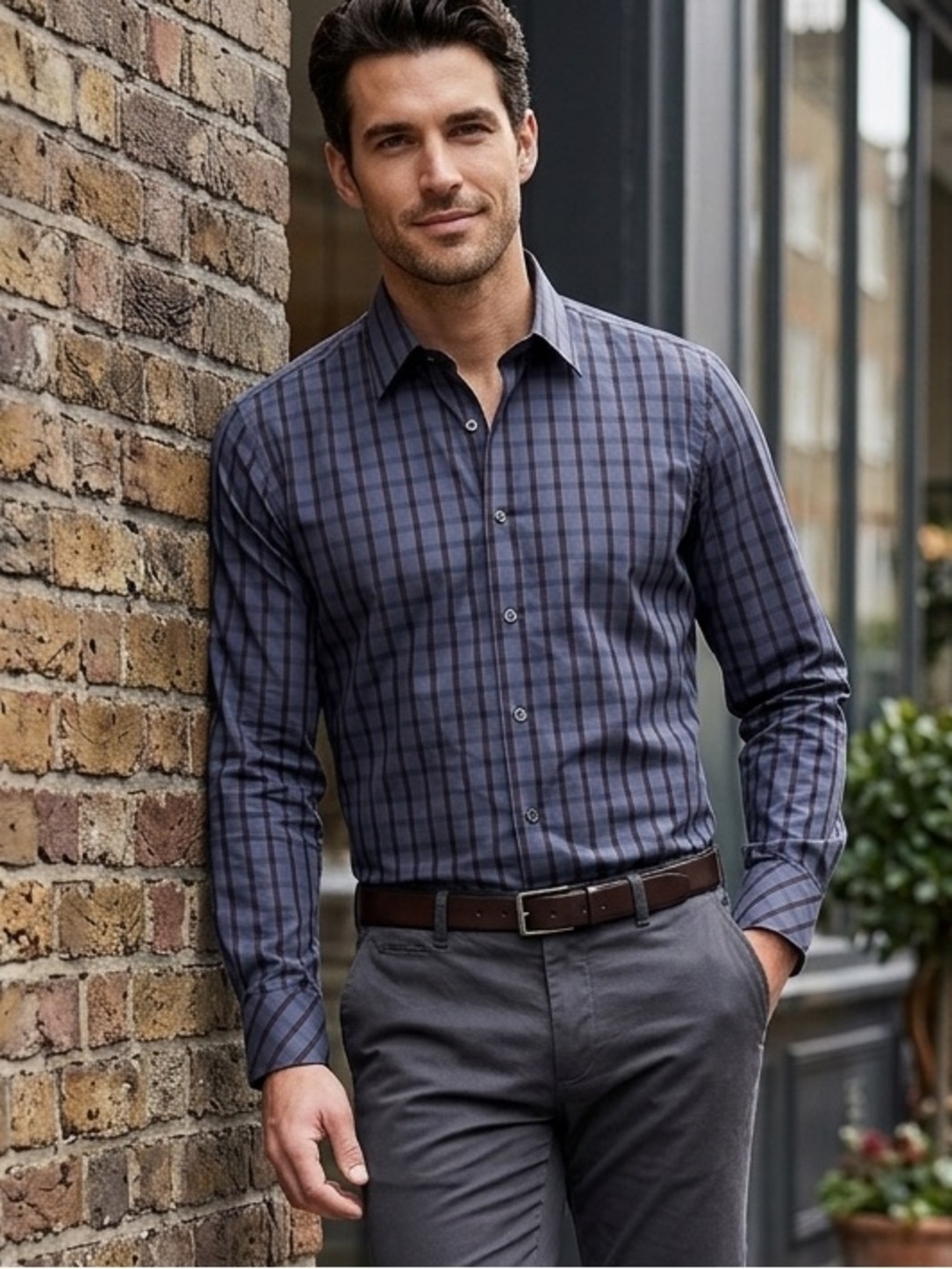 Zachary Prell Blue and Brown Plaid Dress Shirt